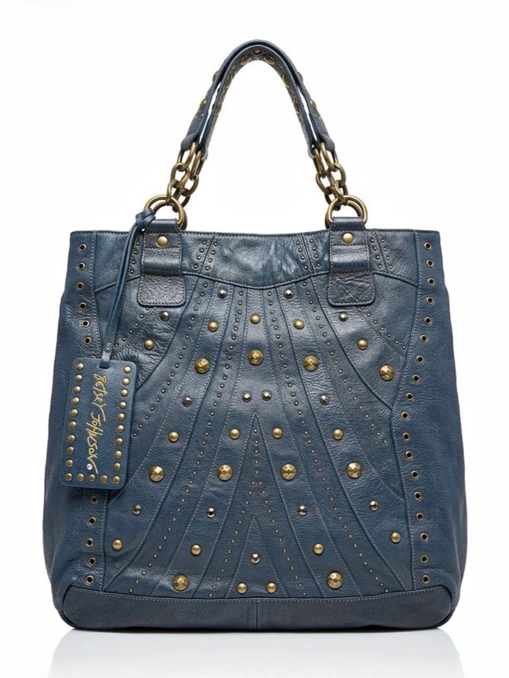 Betsey Johnson Studded Tote in Blue/greenish/gold mixrd gold hardwear and studs